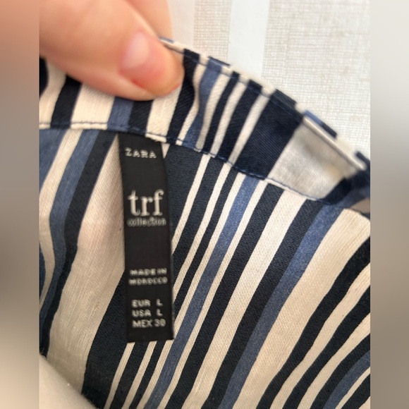 Zara Trafaluc Striped Cotton Linen Blend Deep V-neck Puff Sleeve Dress Large - Picture 5 of 6